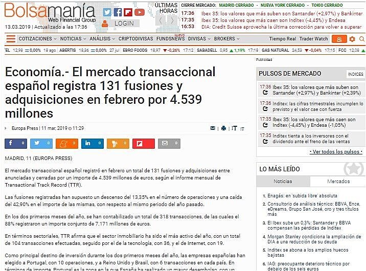 El mercado transaccional espaol registra 131 fusiones y adquisiciones en febrero por 4.539 millones